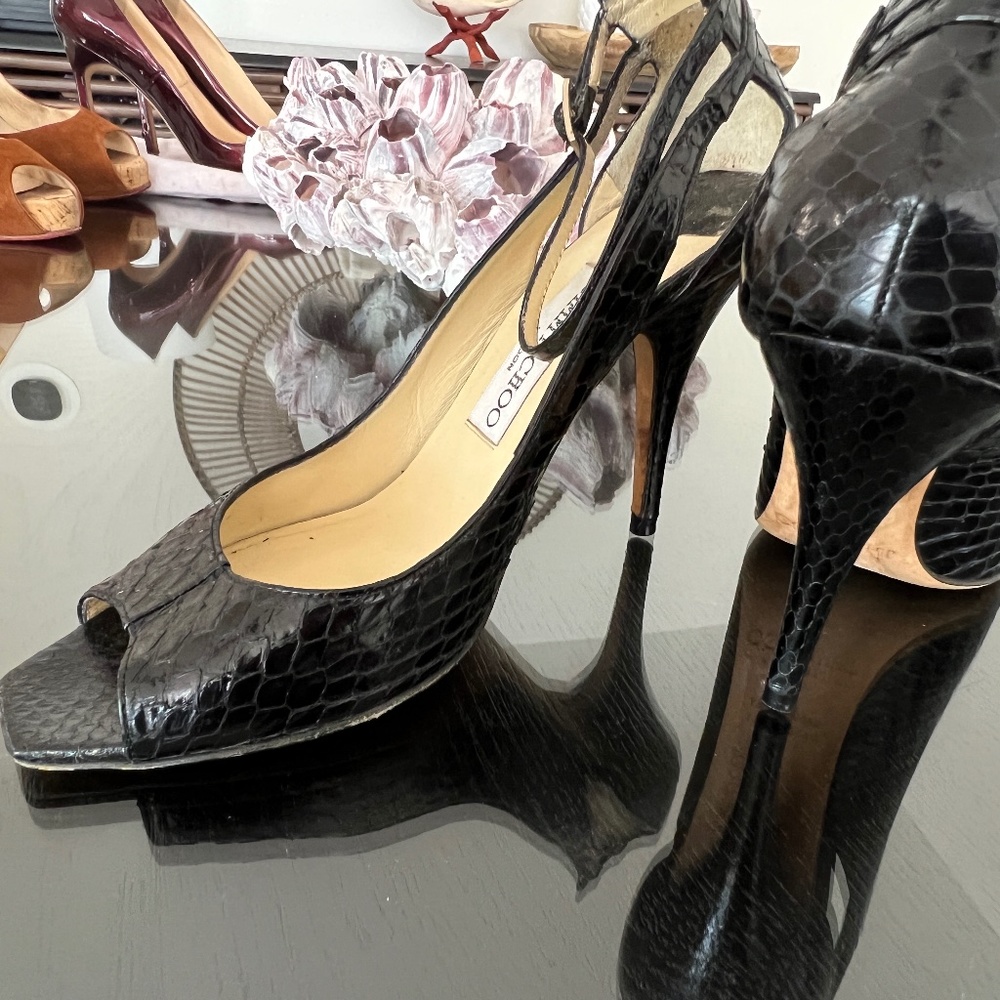 Jimmy Choo Black Snakeskin Peep Toe Pumps - 36